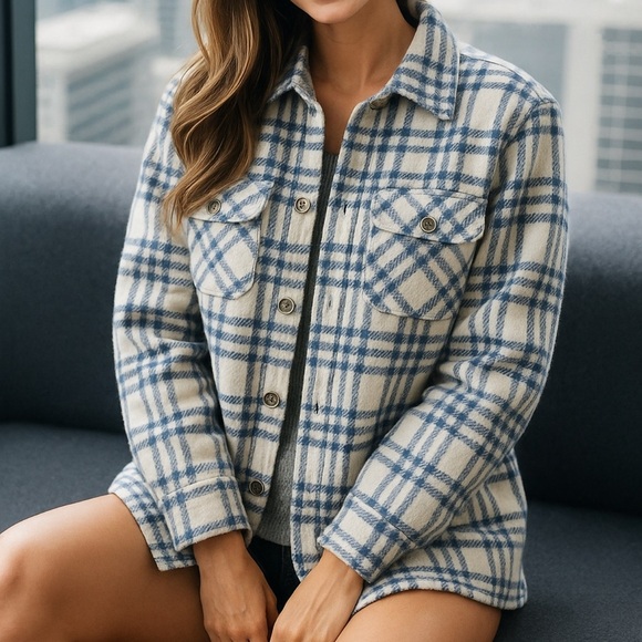 Thread & Supply Plaid Blue Shacket Button Jacket Size Large NWT - Picture 1 of 8